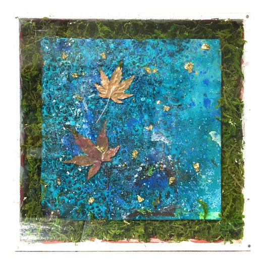 「そよ風Ⅱ」530×530mm アクリル、油彩、葉、草/パネル
