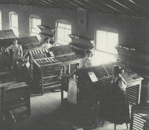 Compositors at work for The Brethren Publishing Co, typesetting for ‘The Wellington Enterprise’ in Ohio in the late nineteenth century.