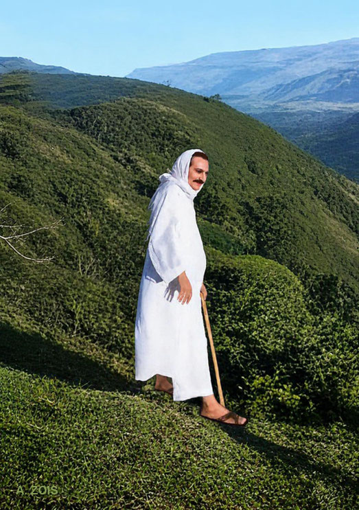 1938 mid-Panchgani Vlley, Mahabaleshwar. Meher Baba in India. Image rendition by Anthony Zois. BP