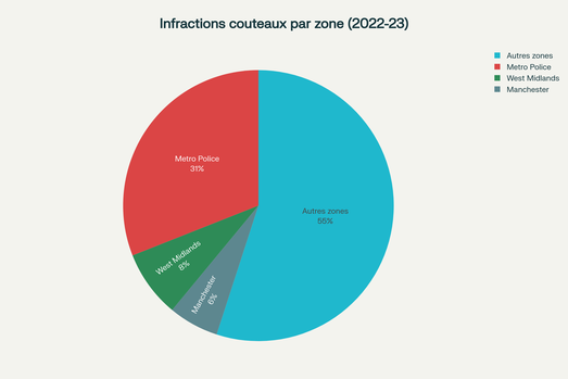 Distribution géographique des infractions liées aux couteaux en Angleterre, avec Londres concentrant 31% des incidents nationaux
