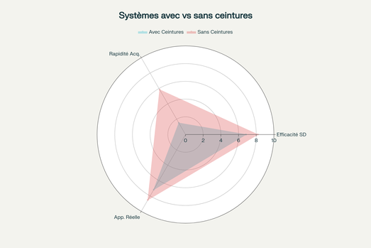 Comparaison radar des performances entre systèmes avec et sans ceintures pour la self-défense
