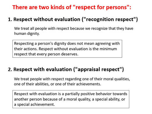 two kinds of respect for persons exist - respect without evaluation - respect with evaluation - recognition / appraisal respect - www.learn-study-work.org