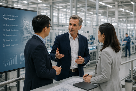 Senior executives discussing business transformation and operational strategy inside a modern manufacturing facility in China during an interim management assignment.