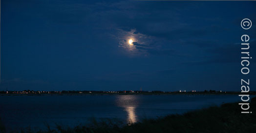 5.5.2012. La Superluna, ormai alta nel cielo si staglia sopra Cesenatico e si rispecchia in uno dei chiari delle Saline di Cervia.