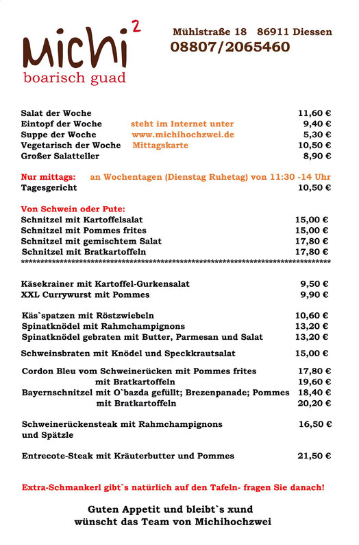 Michihochzwei in Diessen - Speisekarte ab Januar 2024
