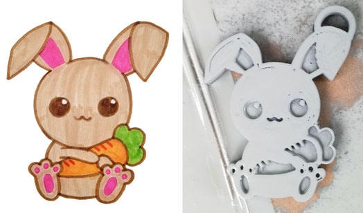 Kaninchen mit Karotten als Zeichnung und 3D-Form im Vergleich