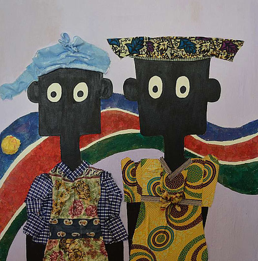 NALA and ALVINA, acrylic, paper and fabric on streched canvas, 70cm x 70cm