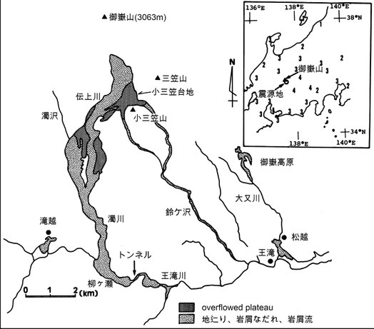 図1 長野県西部地震によって引き起こされた岩屑なだれ，岩屑流発生地点の位置図 (Endo et al.,1989)