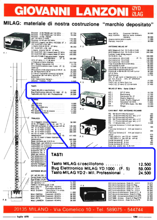 Cq Elettronica  del Lulgio 1978- Pubblicità tasti Milag