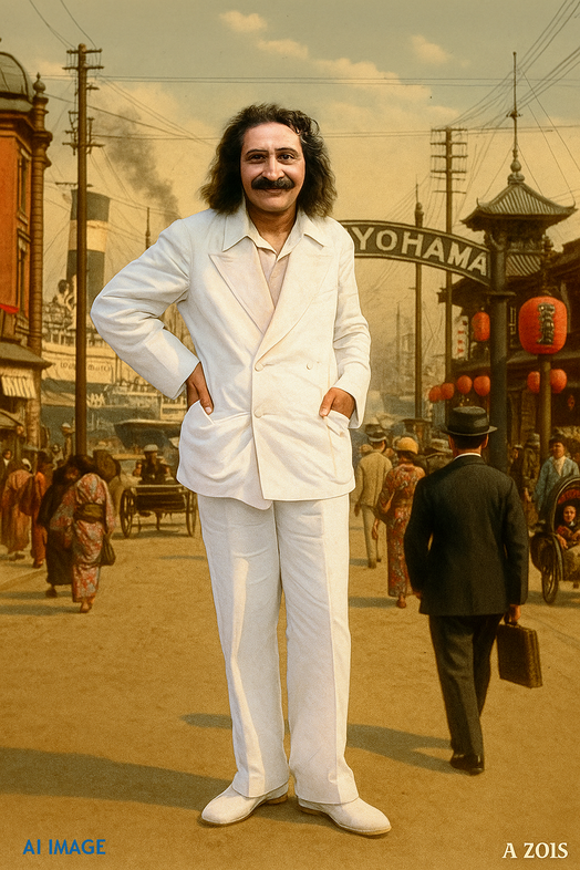 This is a AI produced image depicting Meher Baba in Yokohama, Japan, based on Baba's photo taken in Nanking, China in 1932. Image produced by Anthony Zois.
