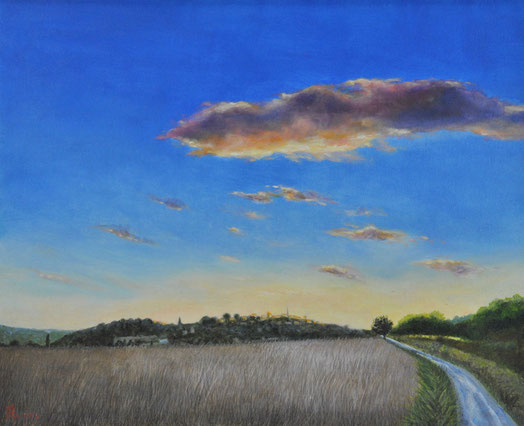 peinture-hyperrealisme-paysage-ciel-bleu-campagne-village-uzege-roussel-meric