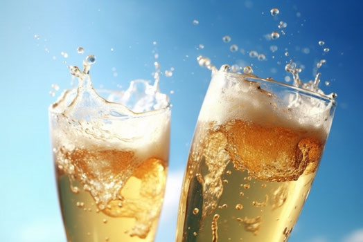 グラスから生ビールの泡がはじけている。