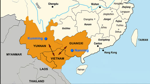 Map of Western Han Empire colonisation (present names) from 111 BCE western cluster (Yunnan + Vietnam) and eastern cluster (Guangxi mainly)