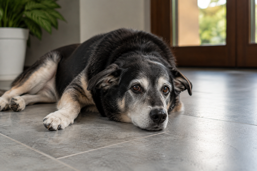 Älterer Hund liegt ruhig auf kühlen Fliesen oder Steinboden im Haus, entspannte Körperhaltung. Platzierung: Beim Abschnitt „Ältere Hunde und Hunde mit eingeschränkter Mobilität
