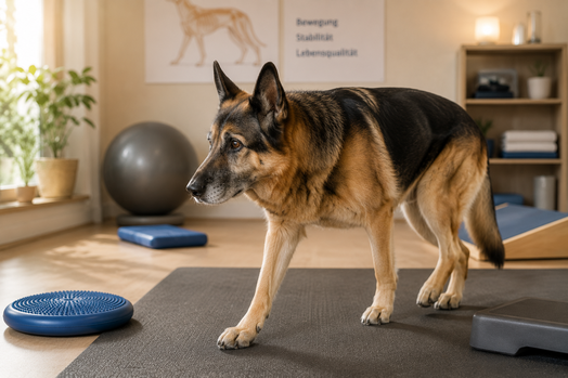 Älterer Deutscher Schäferhund in einer warm beleuchteten Reha-Situation mit vorsichtiger Körperhaltung auf Trainingsmatte.