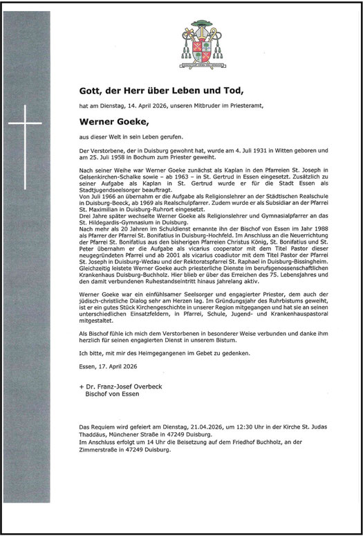 Nachruf des Bischofs zum Tod von Pastor Goeke