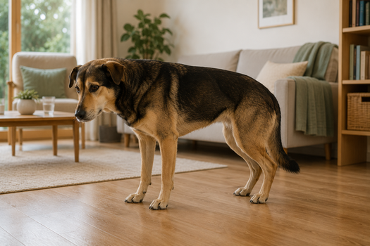 Mischlingshund mit leicht abgesenkter Hinterhand steht vorsichtig auf glattem Boden in einer Wohnung – mögliches Anzeichen für Hüftgelenksdysplasie beim Hund.
