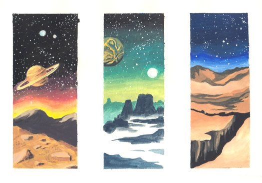 Gouacheskizzen "Landschaften im Weltraum": drei Ansichten von unterschiedlichen Planeten mit Sternenhimmel