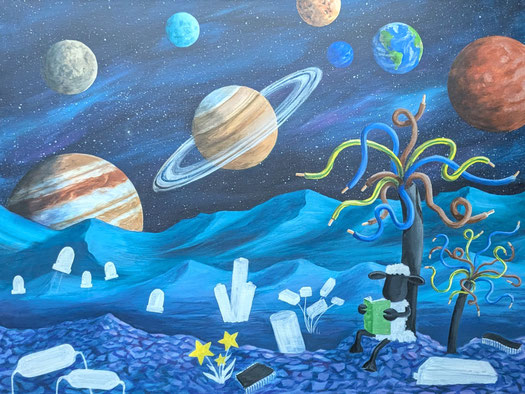 Acrylbild im unfertigen Stadium: Weltall und Planeten mit Sternenhimmel, im Vordergrund weiß grundierte Elemente