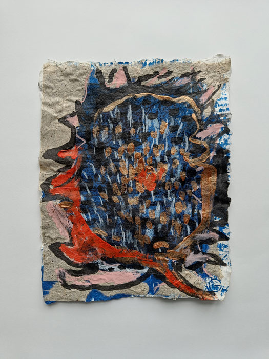 SUNFLOWER IN BRONZE. 2024, 36 x 28 cm, ink, crayon, acrylic on diverse handmade paper, collage