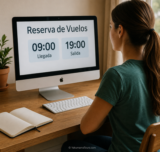 Viajera revisando los horarios de llegada y salida de sus vuelos antes de reservar un tour por la selva amazónica desde Iquitos, Perú