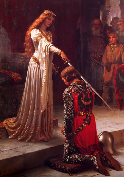 A romanticized medieval scene of a noblewoman knighting a kneeling knight in red and black armor. She holds a sword lightly on his shoulder, surrounded by onlookers in a grand hall.