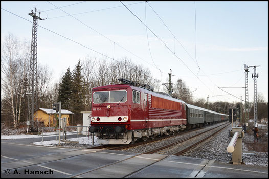 Am 25. Februar 2017 verkehrte der LDC mit einem Sonderzug von Cottbus nach Cranzahl. Als DPE 24866 ging es zunächst bis Chemnitz Hbf. In Chemnitz-Furth entstand dieses Bild