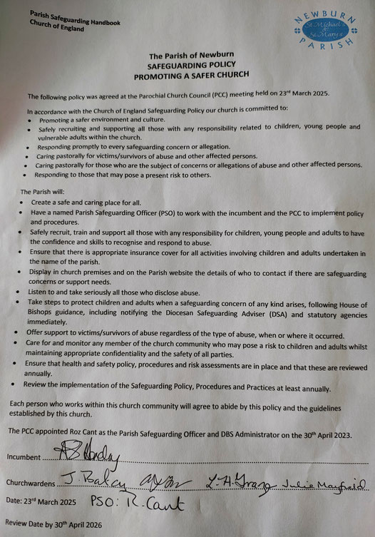 Parochial Church Council- updated Safeguarding policy March 2025. Signed by Church Wardens and Incumbent at the date of signing. 