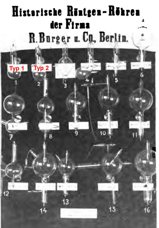 Röntgenkongress 1908, Röntgenröhren ab 1896 von der Fa. R. Burger & Co.