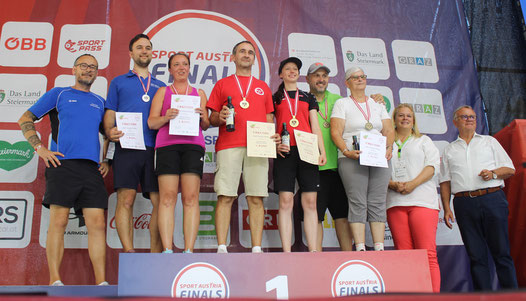 v.l.: ÖMGV-Präsident Christian Gobetz, Mathias Jagschitz+Nadine Nagele (Silber), Heinz Weber+Melanie Schwarz (Gold), Bernd Gaida+Franziska Trutschnig (Bronze)