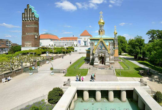 Mathildenhöhe Darmstadt. View with Wedding Tower and Exhibition Hall, 2013. Image: Ingo E. Fischer © Bildarchiv Foto Marburg