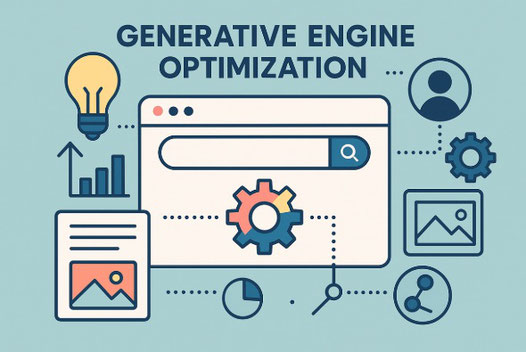 Illustration, die Konzepte der Generative Engine Optimization mit Zahnrädern und digitalen Elementen darstellt