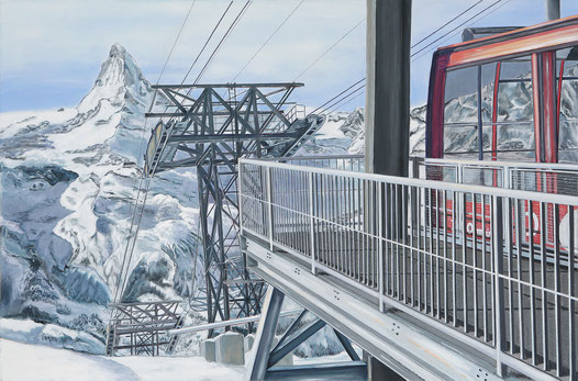 In Zermatt stellt das Gemälde in Acryl auf Leinwand eine Bergbahn dar, auf Rothorn in Zermatt, vor dem Matterhorn unter blauem Himmel. Hotel Alex Zermatt, Chez Vrony Zermatt, Paradise Zermatt, Findeln, Firefly Zermatt,