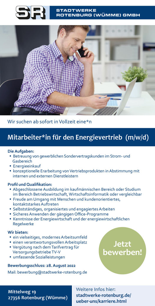 Stellenanzeige Rotenburg Stadtwerke Energievertrieb Vertrieb und Einkauf