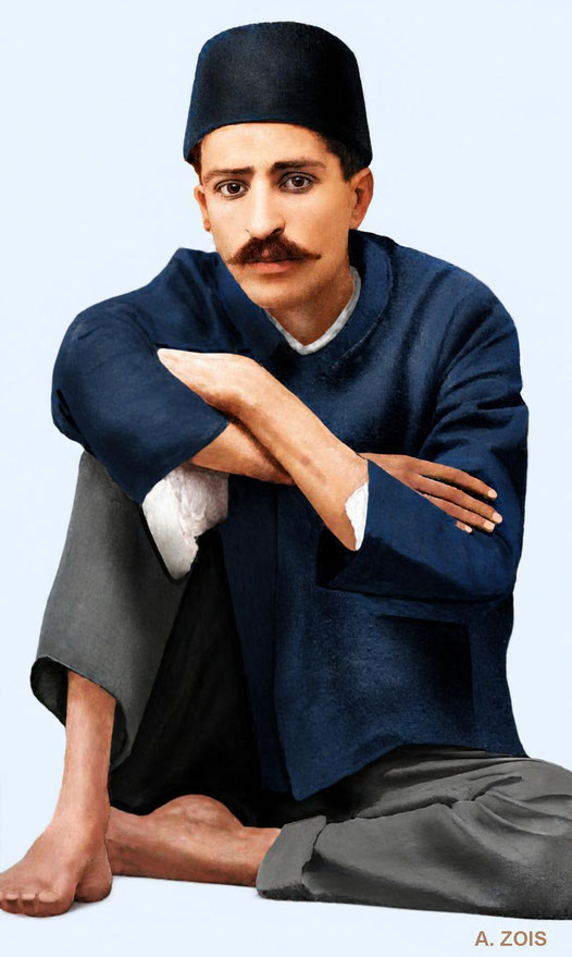 Early 1920s. Meher Baba wearing a fez throughout these years. Image rendition by Anthony Zois.