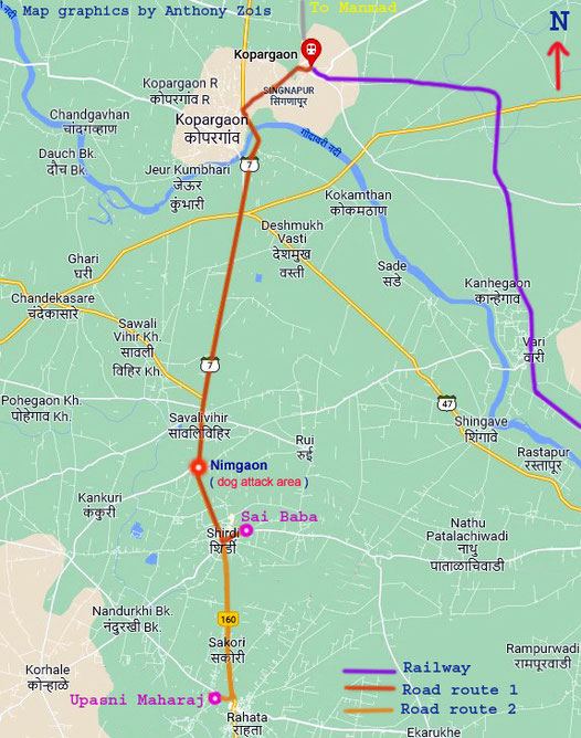 Map showing the dog attack area at Nimgaon. Other references refer to it as Limbgaon-incorrect. Map graphics by Anthony Zois.