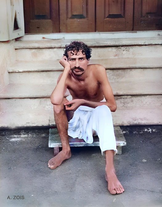 1922 : Meher Baba sitting on the steps of Manzil-e-Meem. Image rendition by Anthony Zois.