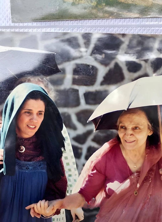 Jane with Mehera Irani at Meher Baba's Samadhi. Image enhanced by Anthony Zois.