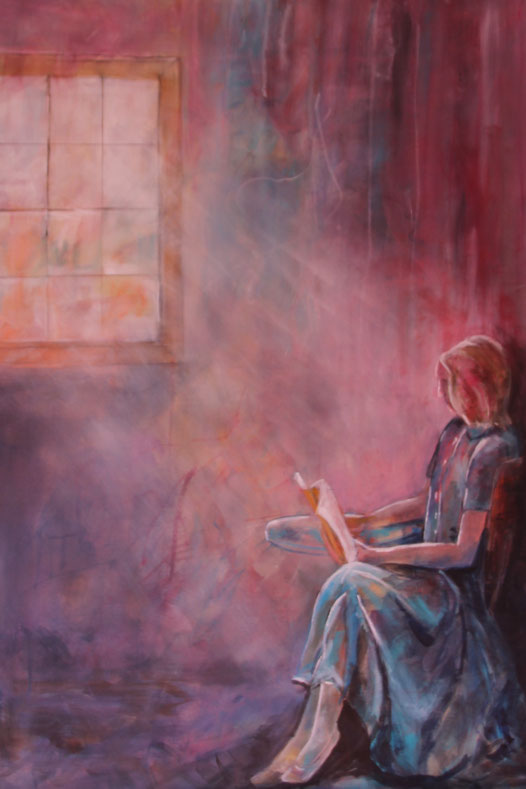 Lesende im Gegenlicht     70  x  100    Acryl, weißer Pastellstift