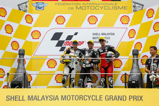 Das Moto2 Podium in Sepang: Johann Zarco, Tom Lüthi und Jonas Folger