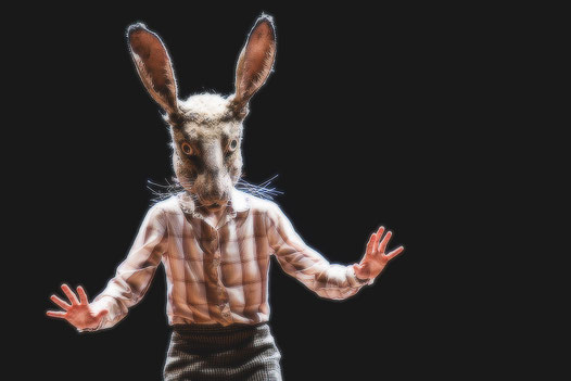 Darsteller in kariertem Hemd mit aufwändiger Hasenkopf-Maske auf dunkler Bühne, Hände seitlich ausgestreckt – Theaterfotografie Sebastian Bisch, Autostadt Wolfsburg.