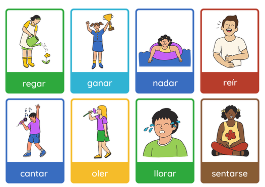 Set of illustrated flashcards with Spanish verbs like watering, swimming, sitting, designed for a visual and interactive learning experience.