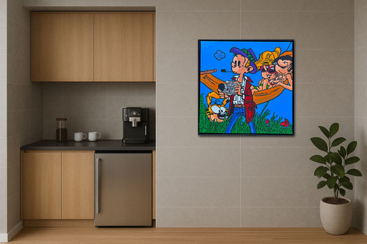 Moderne Kaffeeküche im Büro mit dem Pop-Art Werk DER FOTOGRAF von Divo Santino. Die kreative Wandgestaltung sorgt für eine inspirierende Atmosphäre in der Teeküche.
