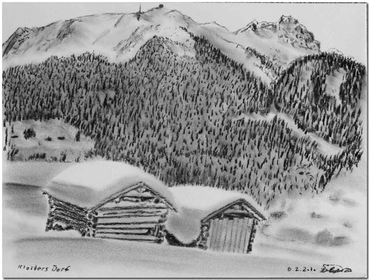Kohlezeichnung von Klosters Dorf mit Casanna im Hintergrund.