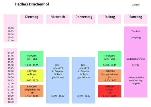 Wochenübersicht Unterrichtsangebot an Reitstunden in der Reitschule Fiedlers Drachenhof in Kenzingen