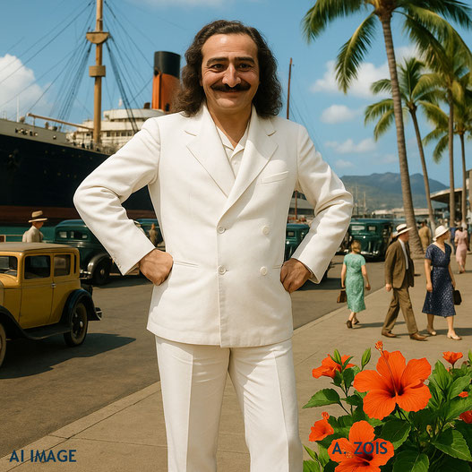 Meher Baba in Honolulu harbour, Hawaii in 1932. AI image produced by Anthony Zois.