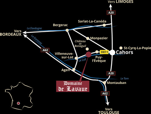 plan d'accès Domaine de Lavaur AOC Cahors malbec vigneron récoltant - gîte ) louer dans les vignes