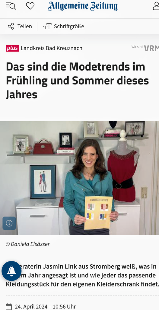 Presseartikel 24.04.24 Allgemeine Zeitung Bad Kreuznach Modetrends für den Frühling mit Stilberaterin Jasmin Link