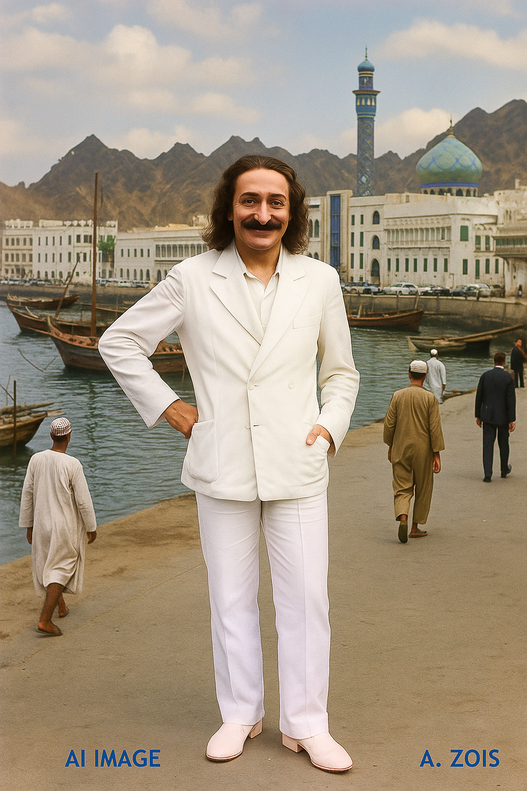  This AI image shows Meher Baba at Muscat, Oman. Image produced by Anthony Zois.
