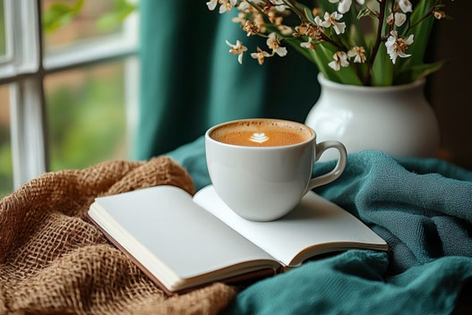 窓辺にページがめくられたノートとコーヒーの入ったマグカップ。小さな白の花が生けられた花瓶。